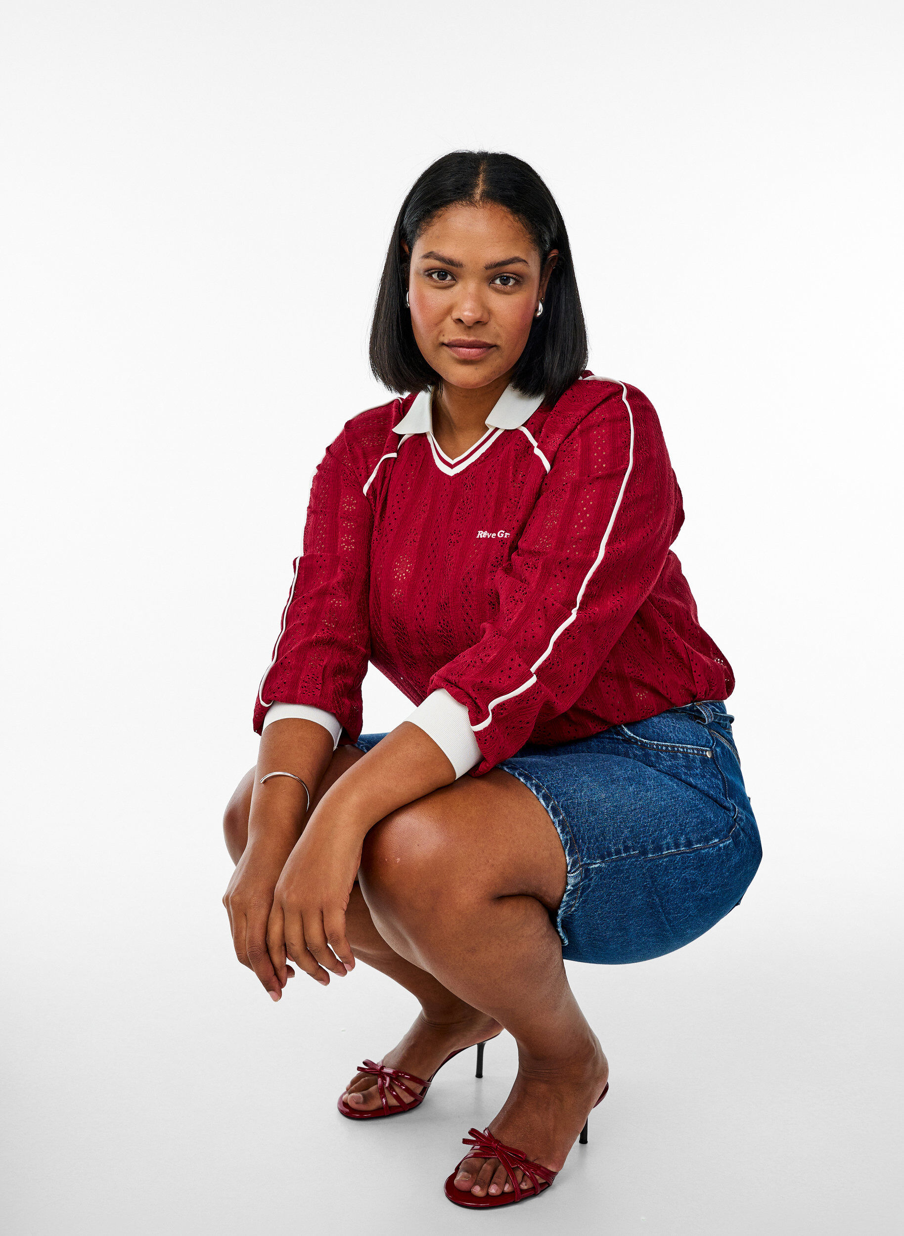 ZizziJersey blouse met een textuur en contrasterende details, Rood, Model image number 3