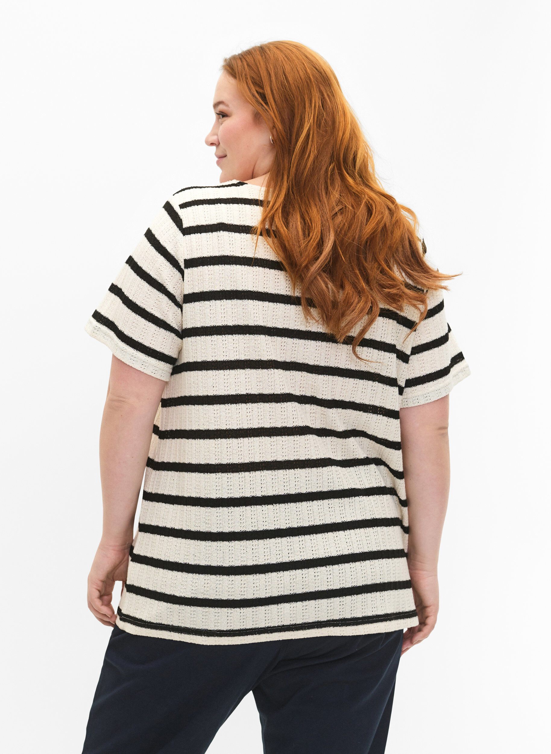 ZizziBlouse met korte mouwen en contrastkleurige strepen, Sand Black Stripe, Model image number 1