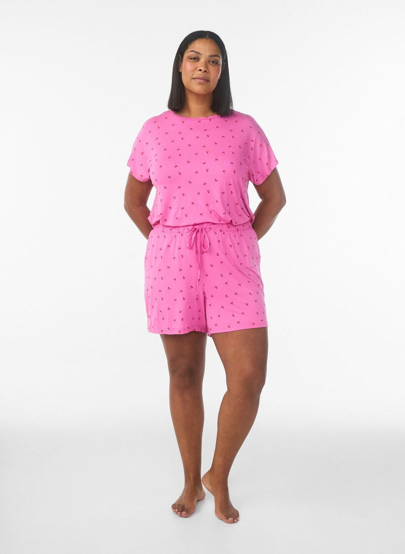 Pyjamashorts in viscose jersey met een all-over print, Roze, Model image number 1