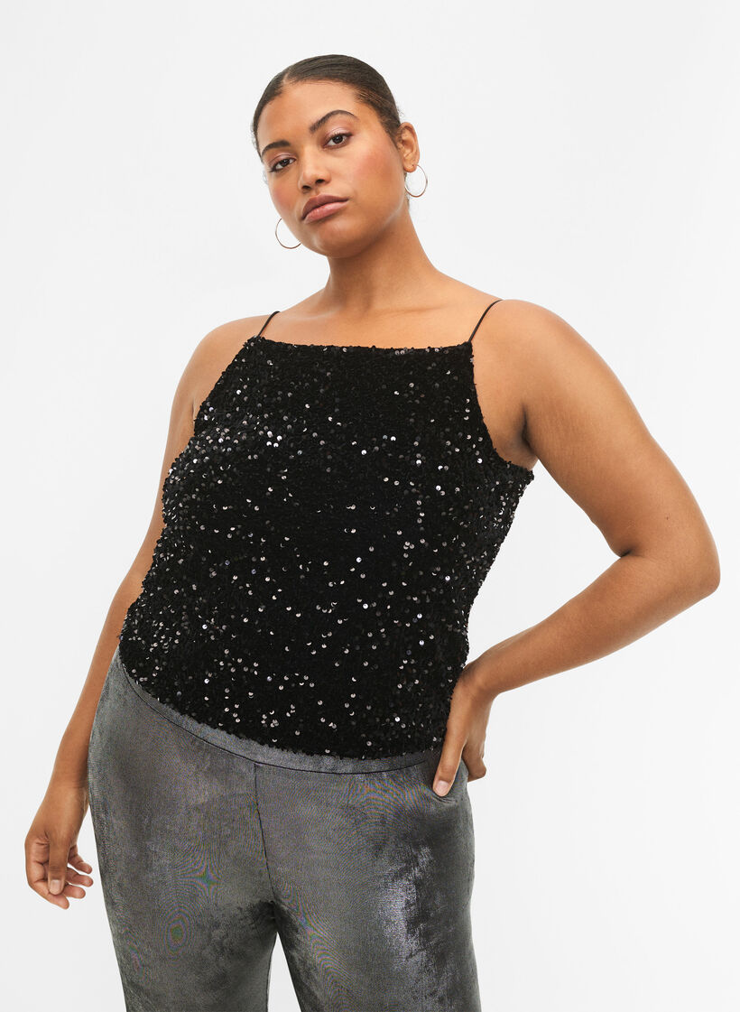Top à paillettes avec des bretelles étroites, Black Sequins, Model image number 0