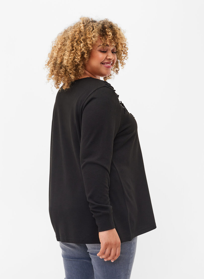 Blouse met lange mouwen en kanten details, Black, Model image number 1