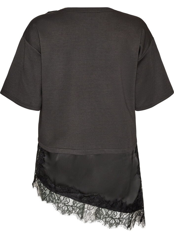 Blouse en jersey avec effet superpos&eacute; et dentelle, Noir, Packshot image number 1