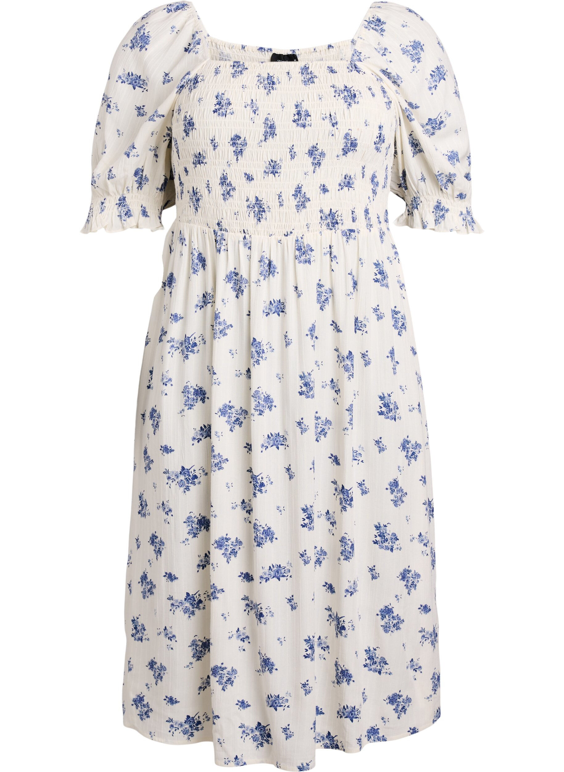 Zizzi Robe midi en viscose &agrave; fleurs avec smock, Blanc, Packshot image number 0