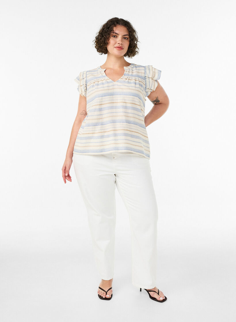 Blouse sans manches avec volants et rayures &agrave; motifs, Vanille, Model image number 1