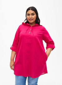 Tunique à capuche en coton et lin, Bright Rose, Model