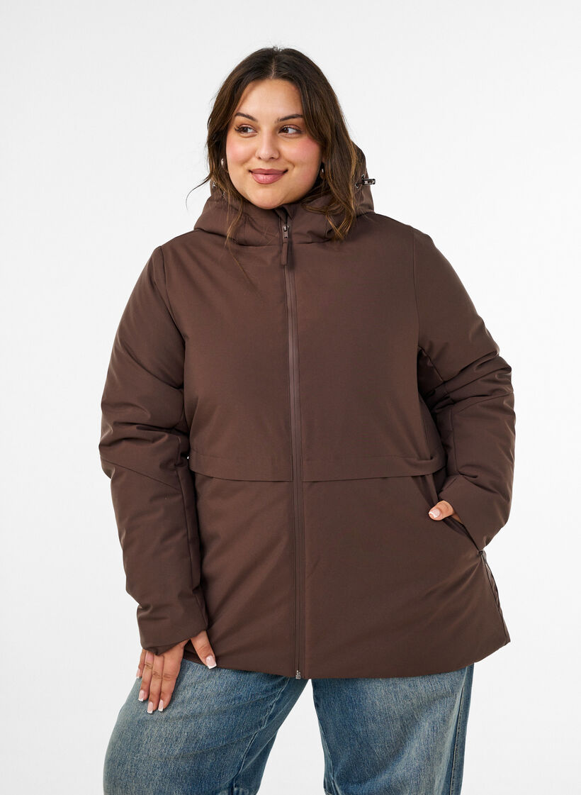 Veste d'hiver avec capuche et taille ajustable, Marron, Model image number 0