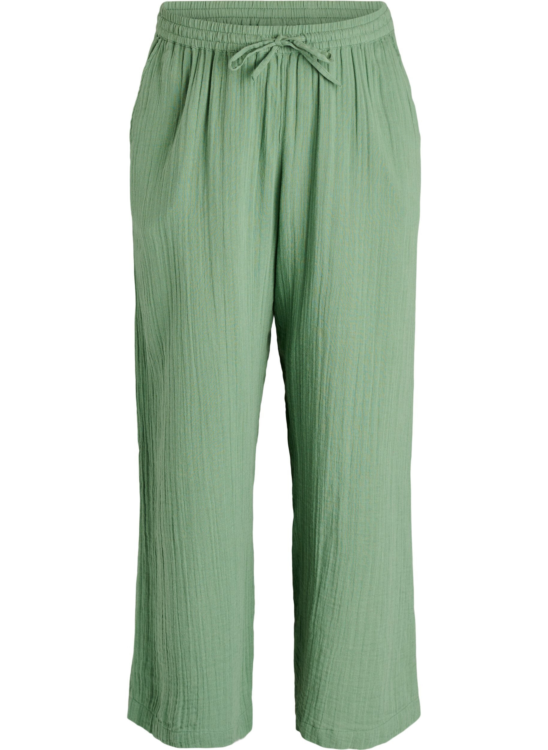 ZizziHigh-waist katoenen mousseline broek met losse pijpen, Groen, Packshot image number 0