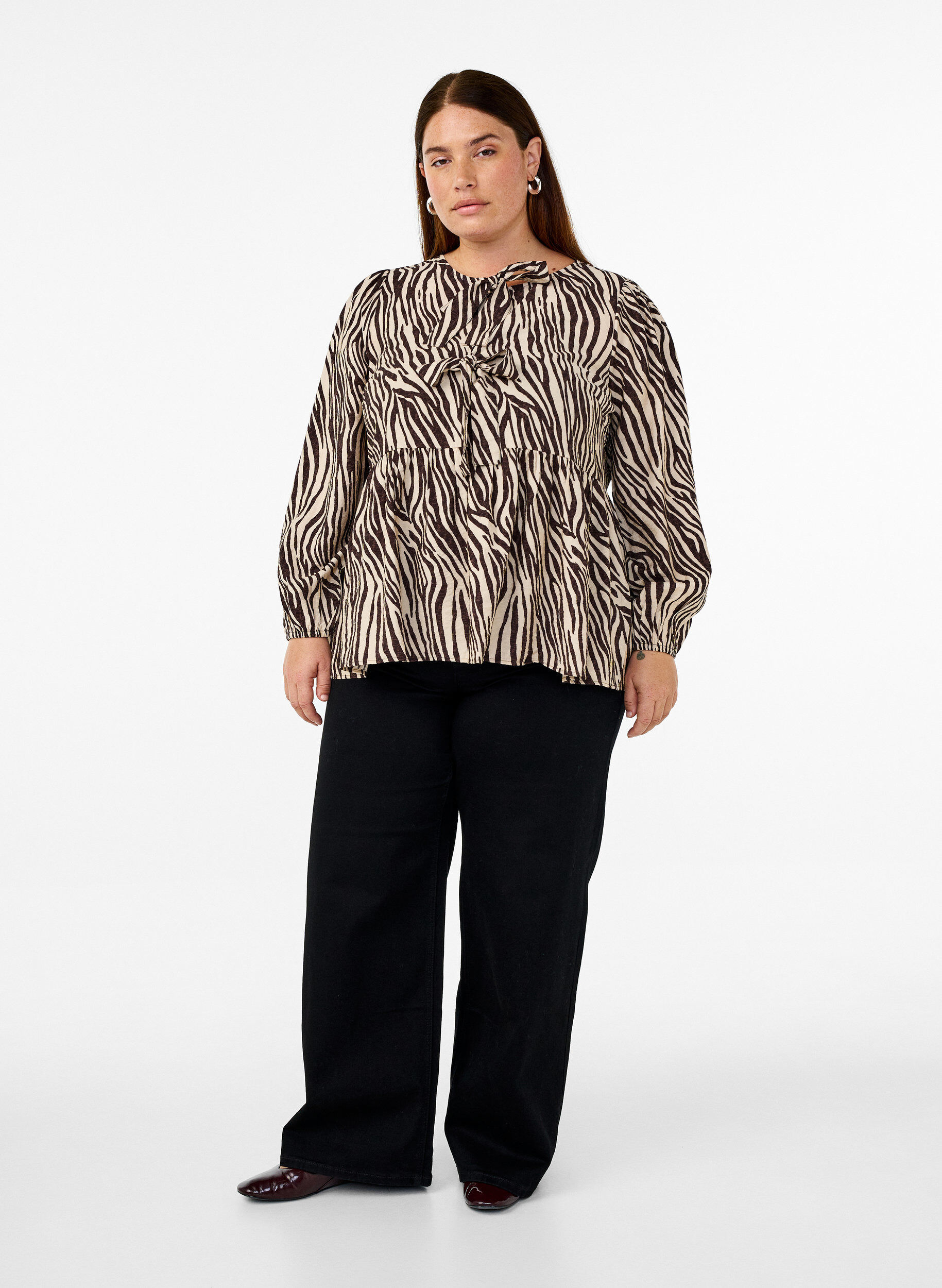 ZizziPeplum blouse met strik en zebraprint, Bruin, Model image number 1