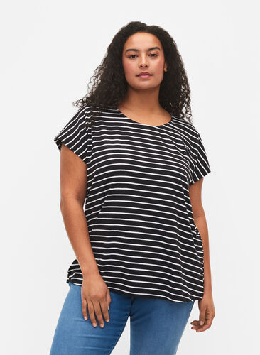 T-shirt en coton à rayures, Black W. Stripe, Model image number 0