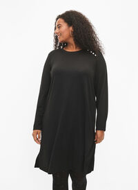Jersey-jurk met lange mouwen en knoopdetails, Black, Model