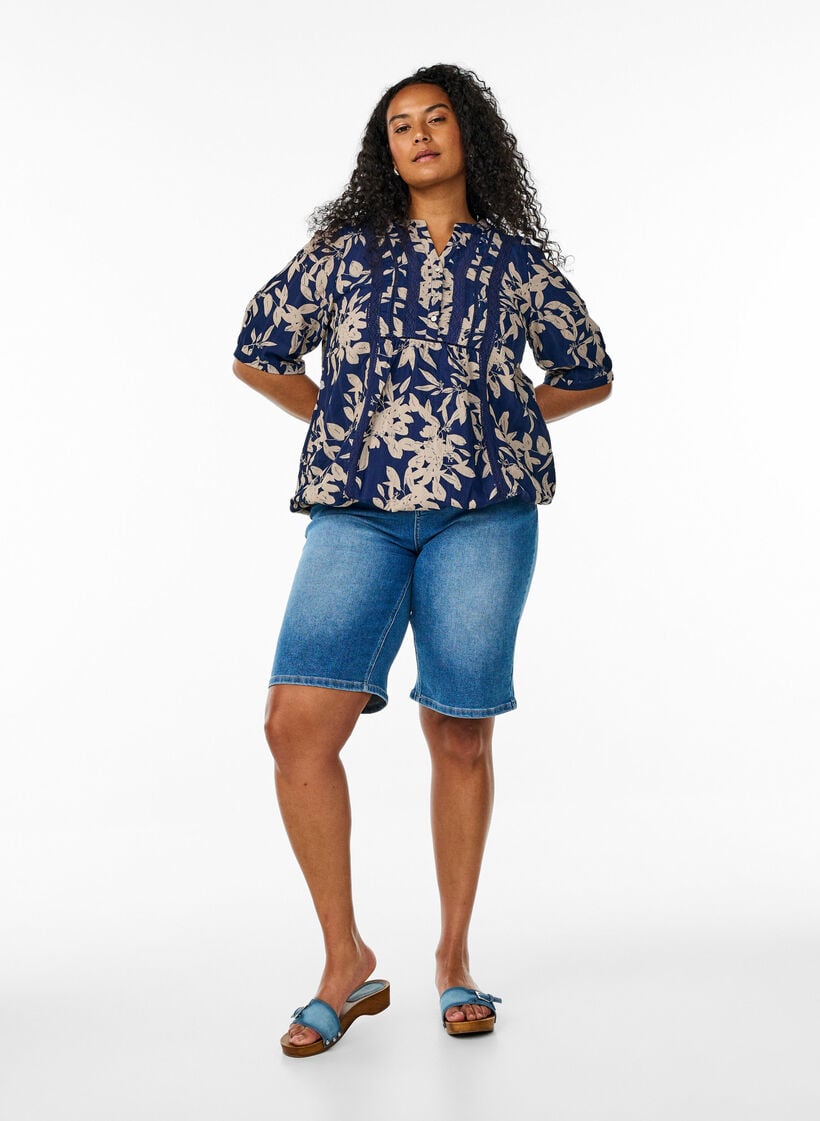 Blouse met print en 1/2 mouwen, Blauw, Model image number 1
