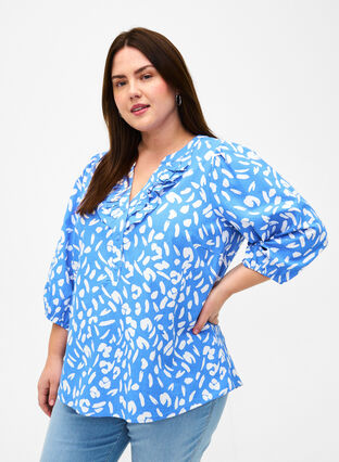Katoenen blouse met 3/4 mouwen en print, Marina White AOP, Model image number 0