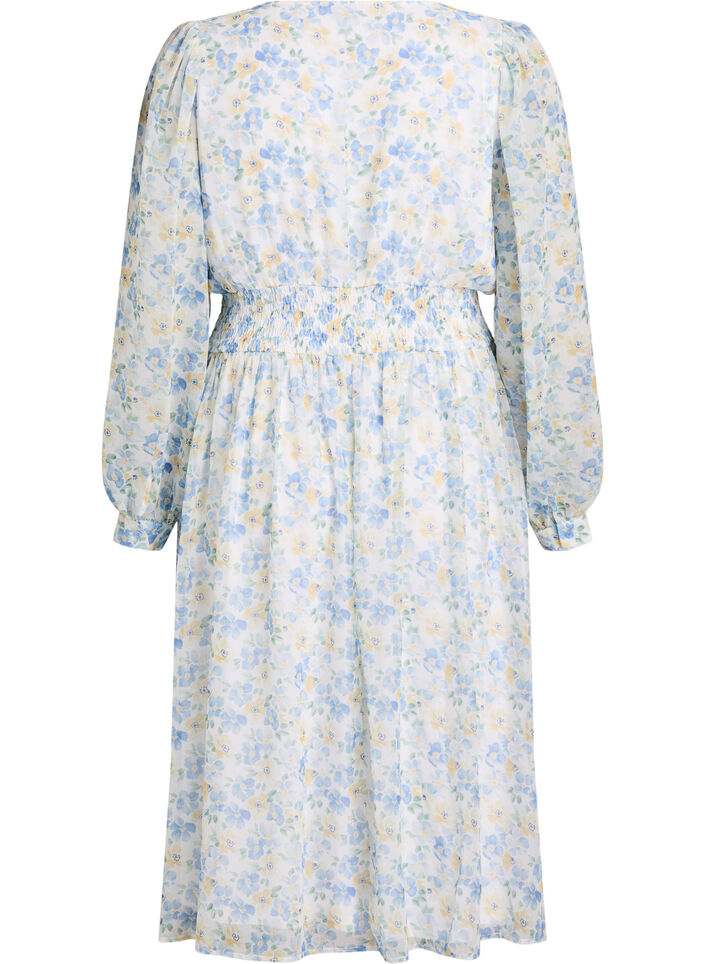 Robe midi fleurie avec effet portefeuille et smocks, Bleu Clair, Packshot image number 1