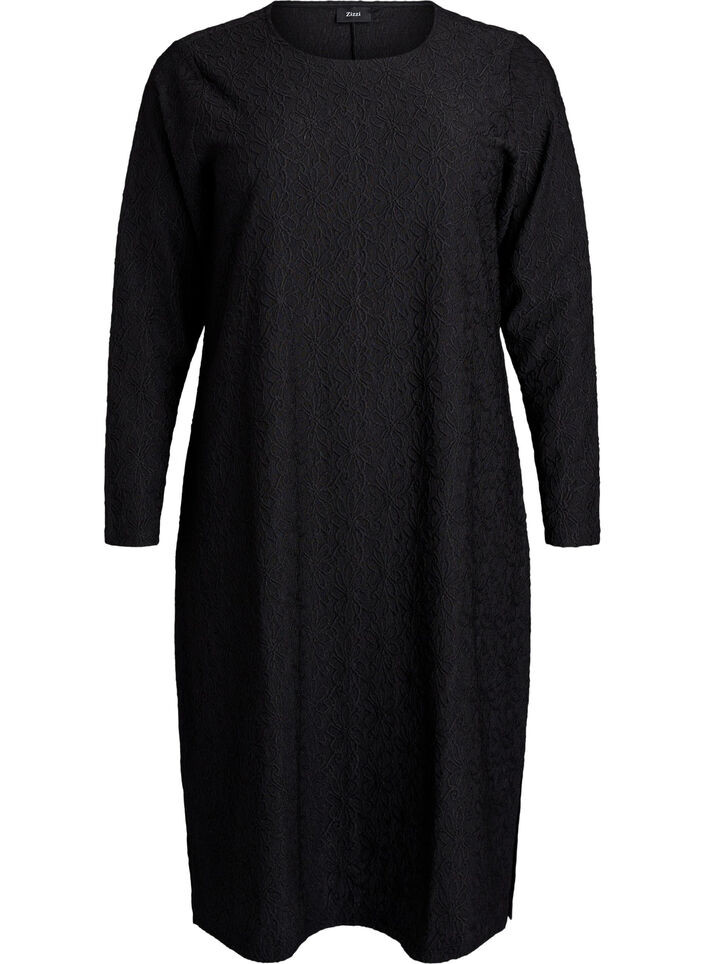 Robe florale texturée à manches longues, Noir, Packshot image number 0