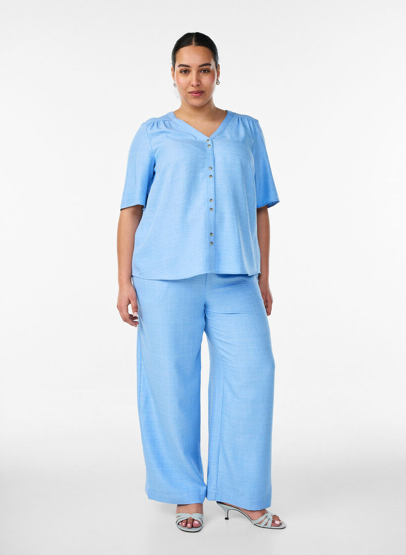 Losse broek met elastische tailleband en zakken, Blauw, Model image number 0