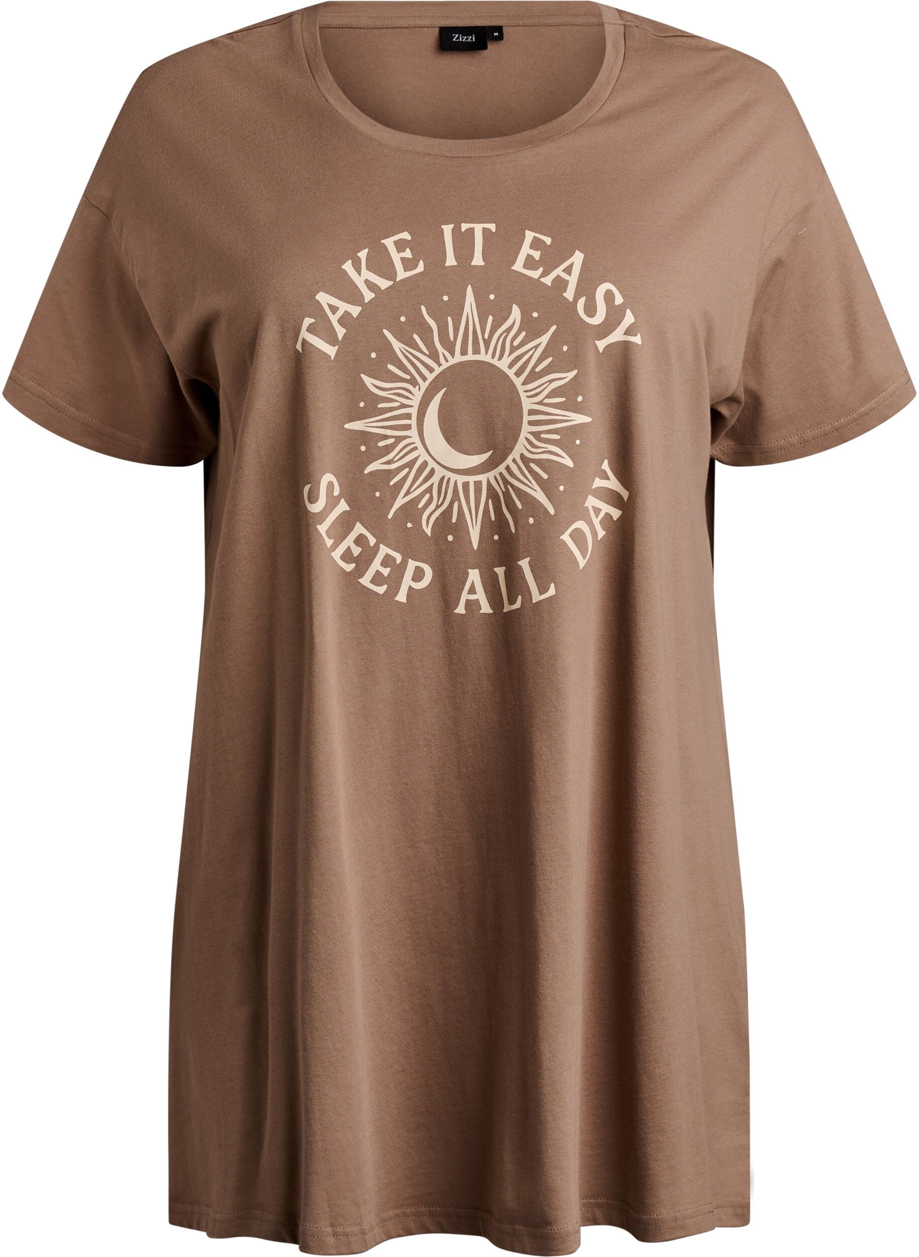 Zizzi T-shirt de nuit long en coton bio avec imprim&eacute;, Beige, Packshot image number 0