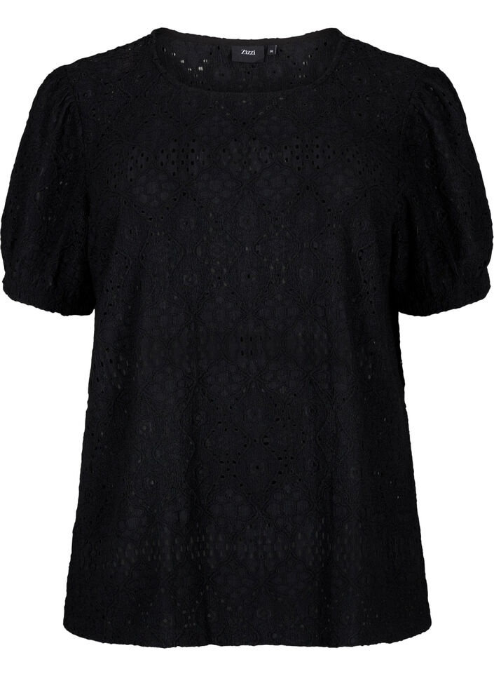 Blouse met korte mouwen en patroon met kant, Black, Packshot image number 0