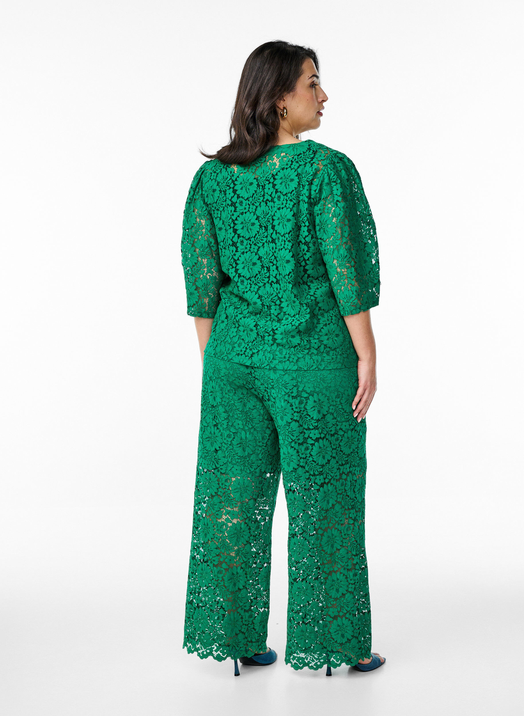 ZizziKanten broek met hoge taille en zakken, Groen, Model image number 1