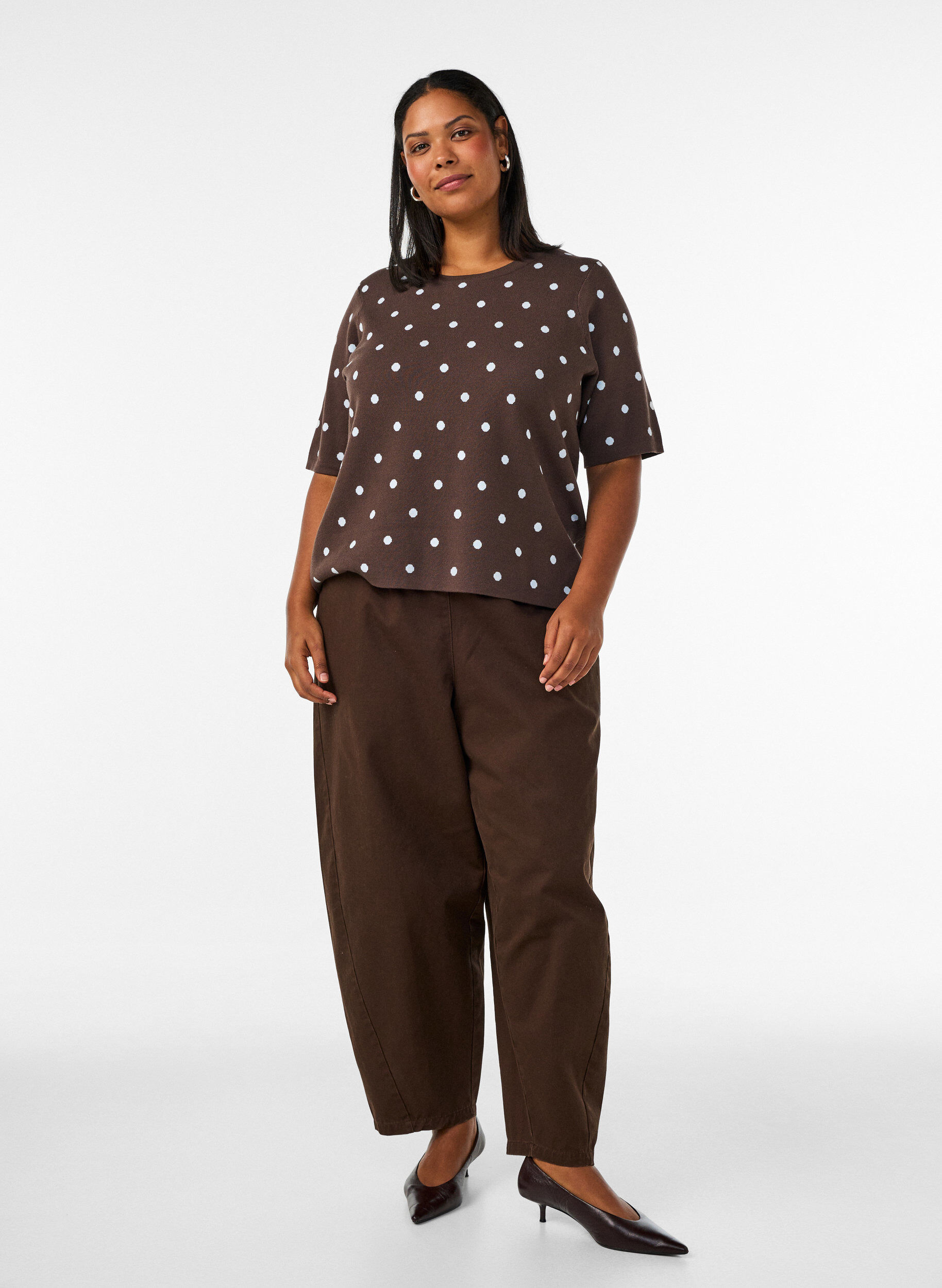 ZizziGebreide blouse met korte mouwen en stippen, Bruin, Model image number 1
