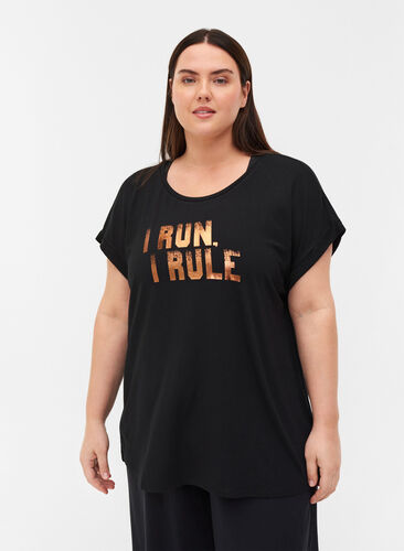 T-shirt d'entraînement en mélange de viscose avec imprimé, Black I Run, Model image number 0