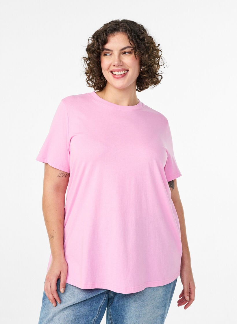 Basic katoenen T-shirt met ronde hals, Roze, Model image number 0