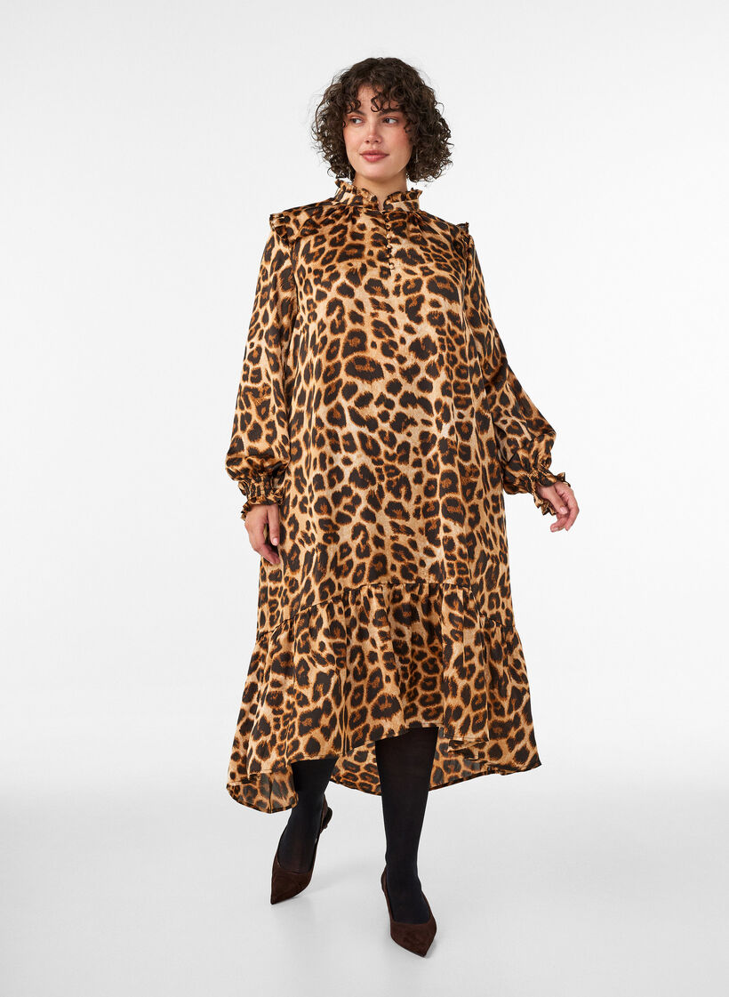 Jurk met luipaardprint en ruches, Bruin, Model