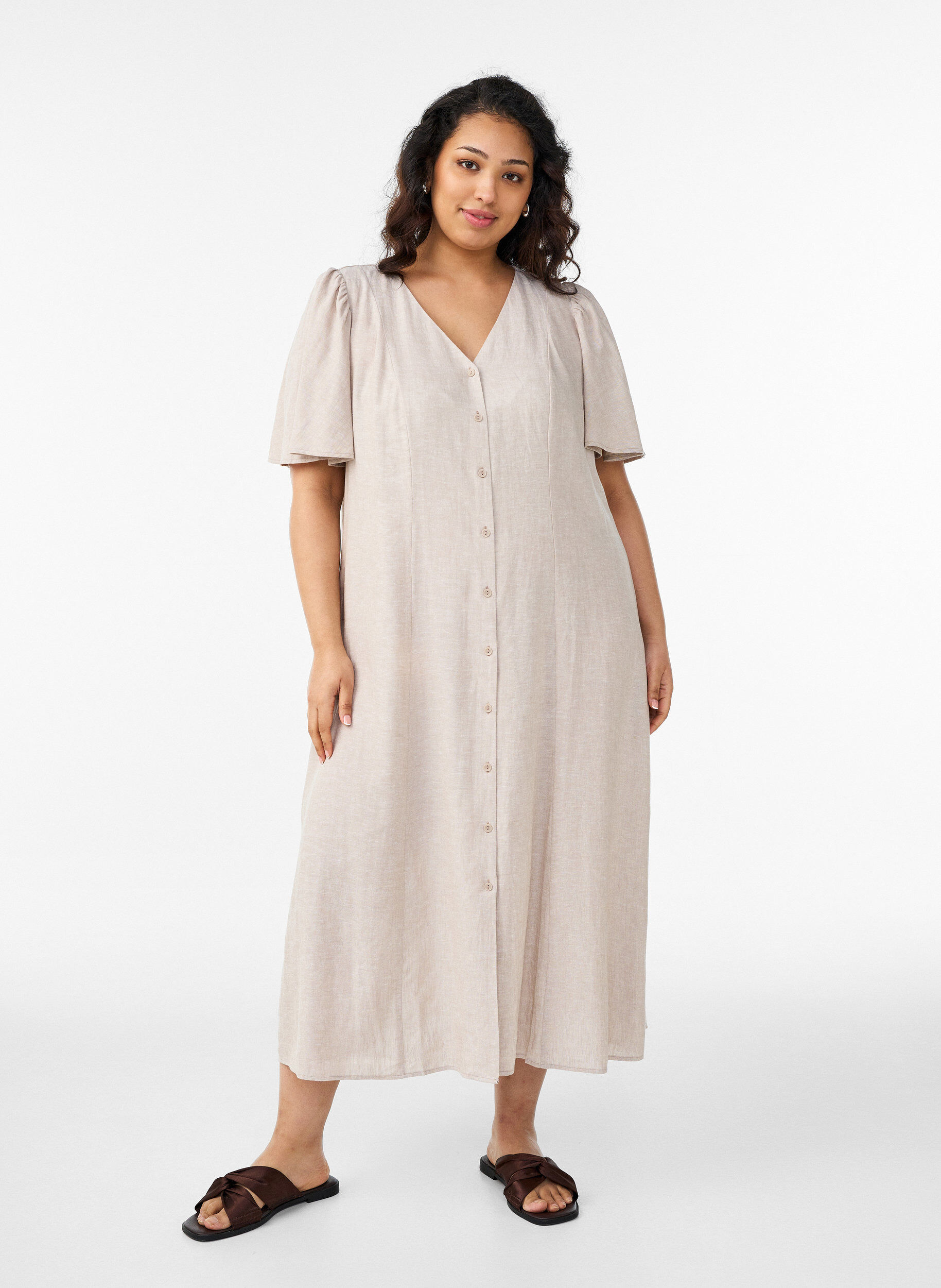 Midi jurk in linnen en viscose met ruchesmouwen, Beige, Model