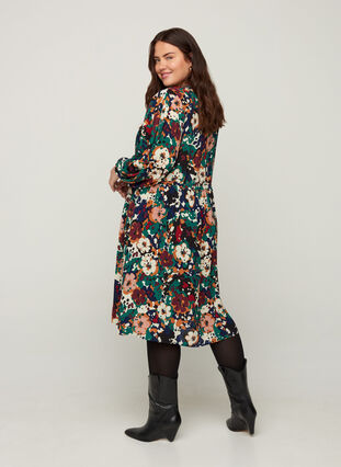 Gebloemde viscose jurk met verstelbare taille, Multi Flower AOP, Model image number 0