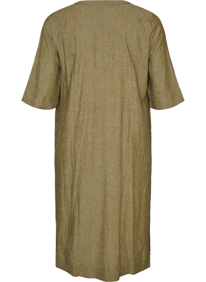 Robe midi en lin et viscose avec manches mi-longues, Vert, Packshot image number 1