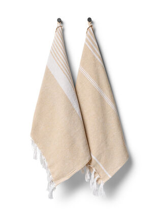 Lot de 2 serviettes rayées avec franges, 2-Pack Beige, Packshot image number 0