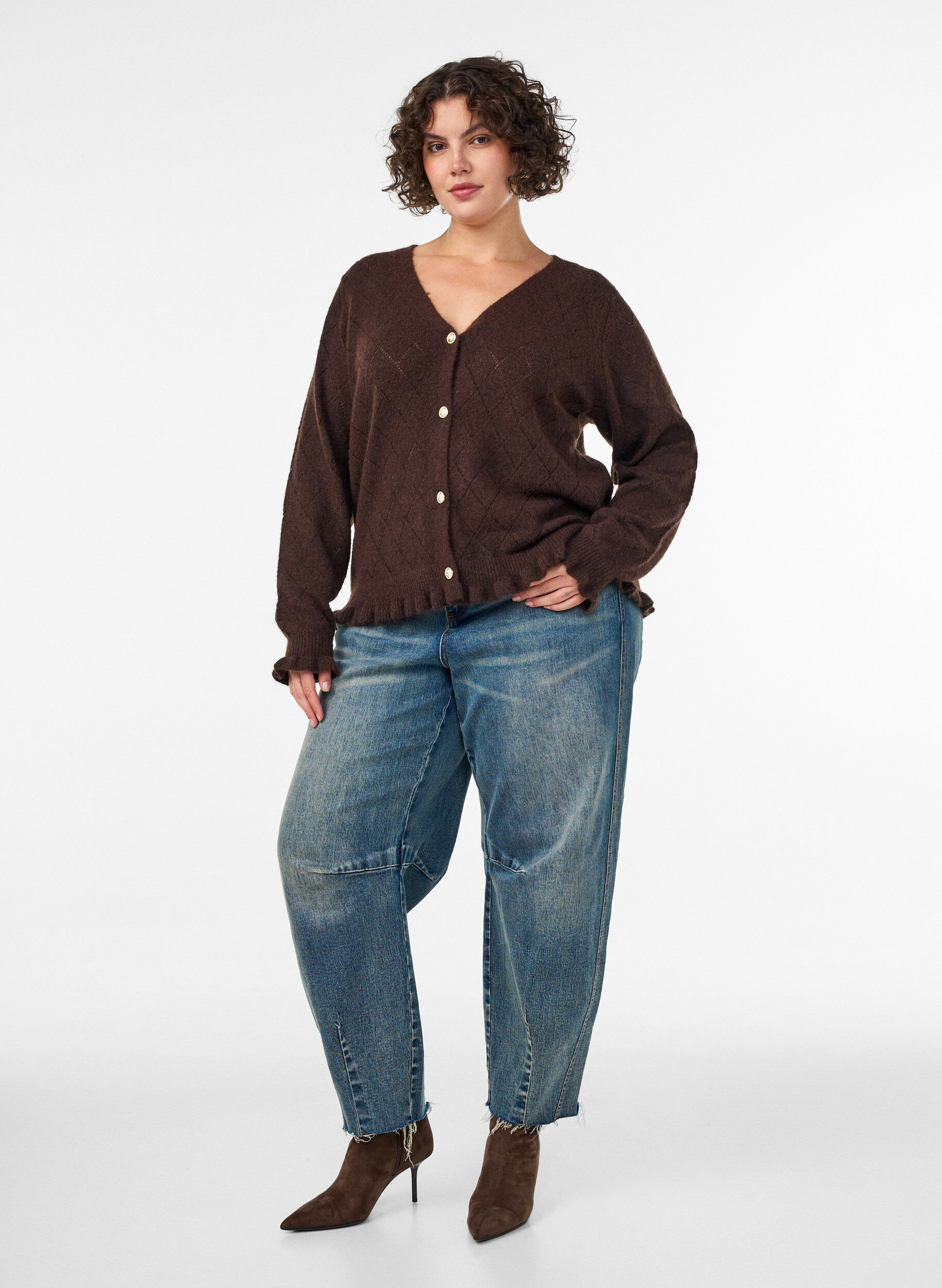 ZizziCardigan met harlekijnpatroon en V-hals, Bruin, Model image number 1