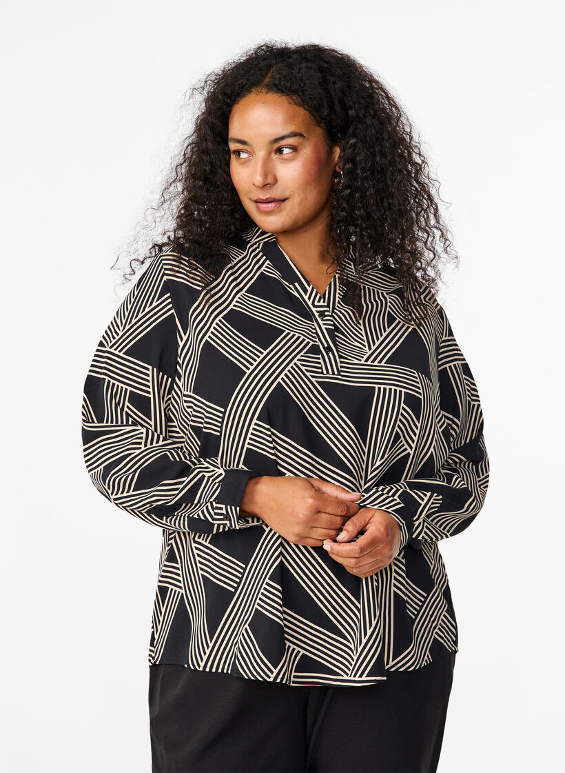Blouse met lange mouwen en V-hals, BLACK BEIGE GRAPHIC, Model image number 0