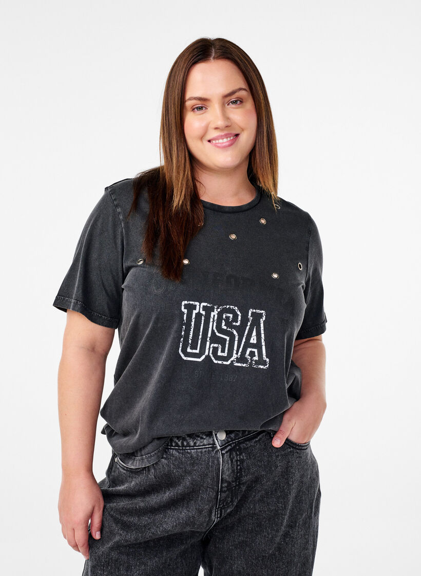 T-shirt met oogjes en print, Grey Washed , Model image number 0