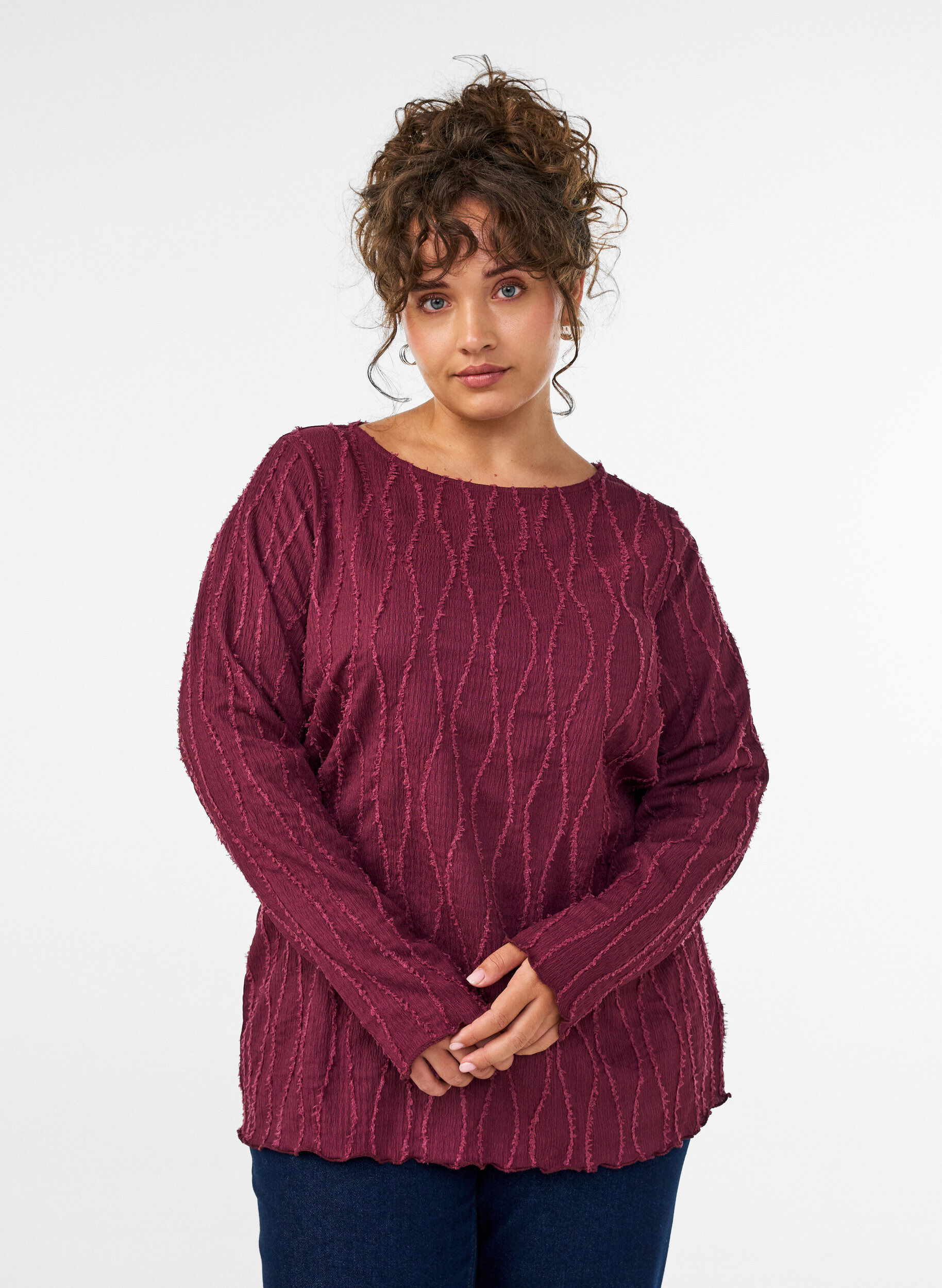ZizziBlouse en jersey ondul&eacute;, Bordeaux, Model image number 0