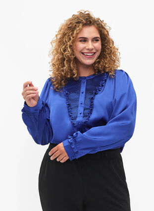 Satijnen overhemd blouse met ruches, Deep Ultramarine, Model image number 2