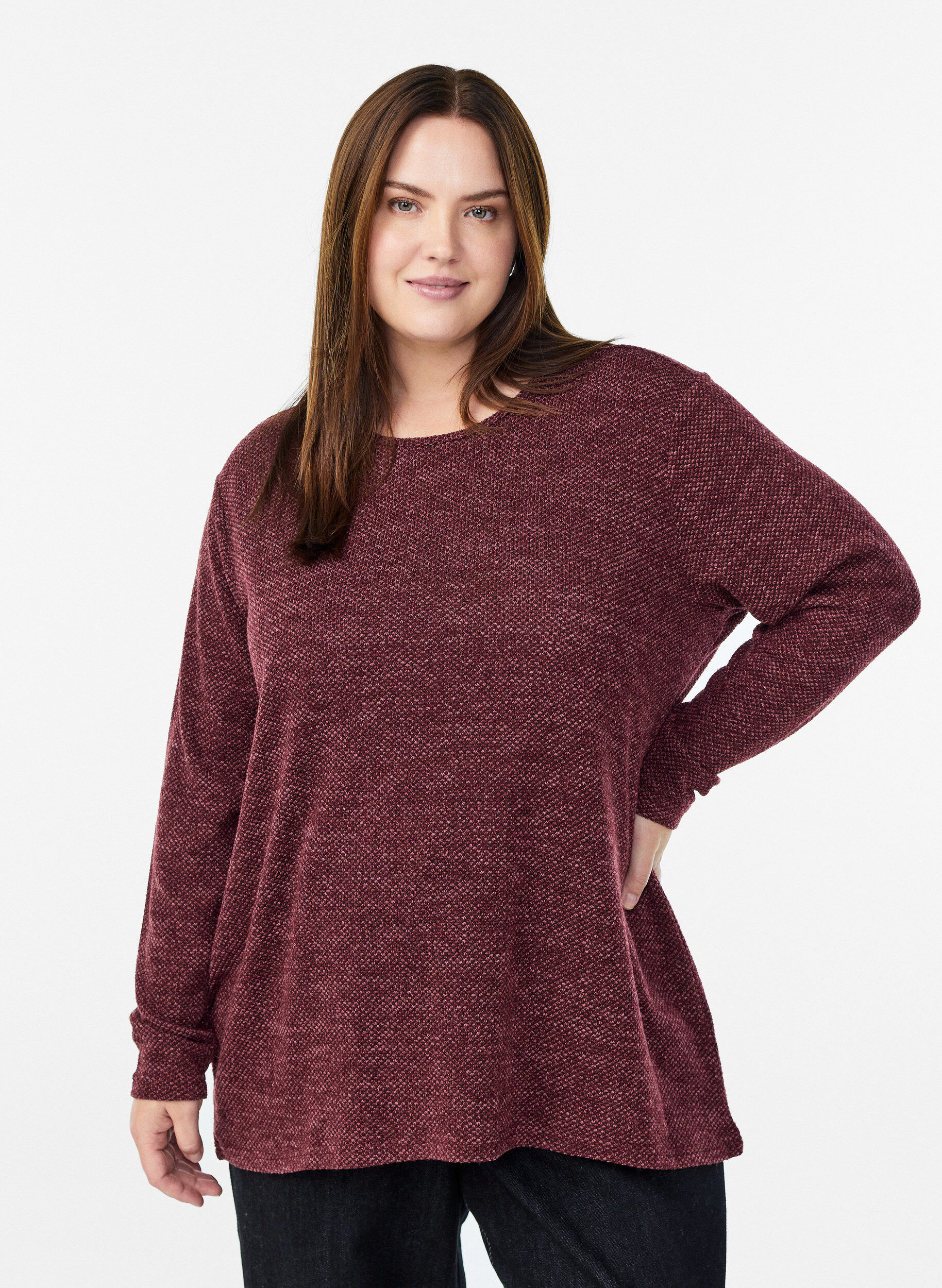ZizziBlouse met lange mouwen en structuur, Donker Bordeaux, Model image number 0