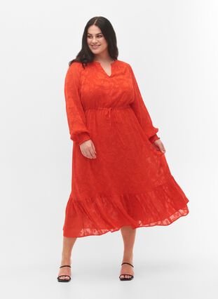 Midi jurk in jacquard look en lange mouw, Orange.com, Model image number 0
