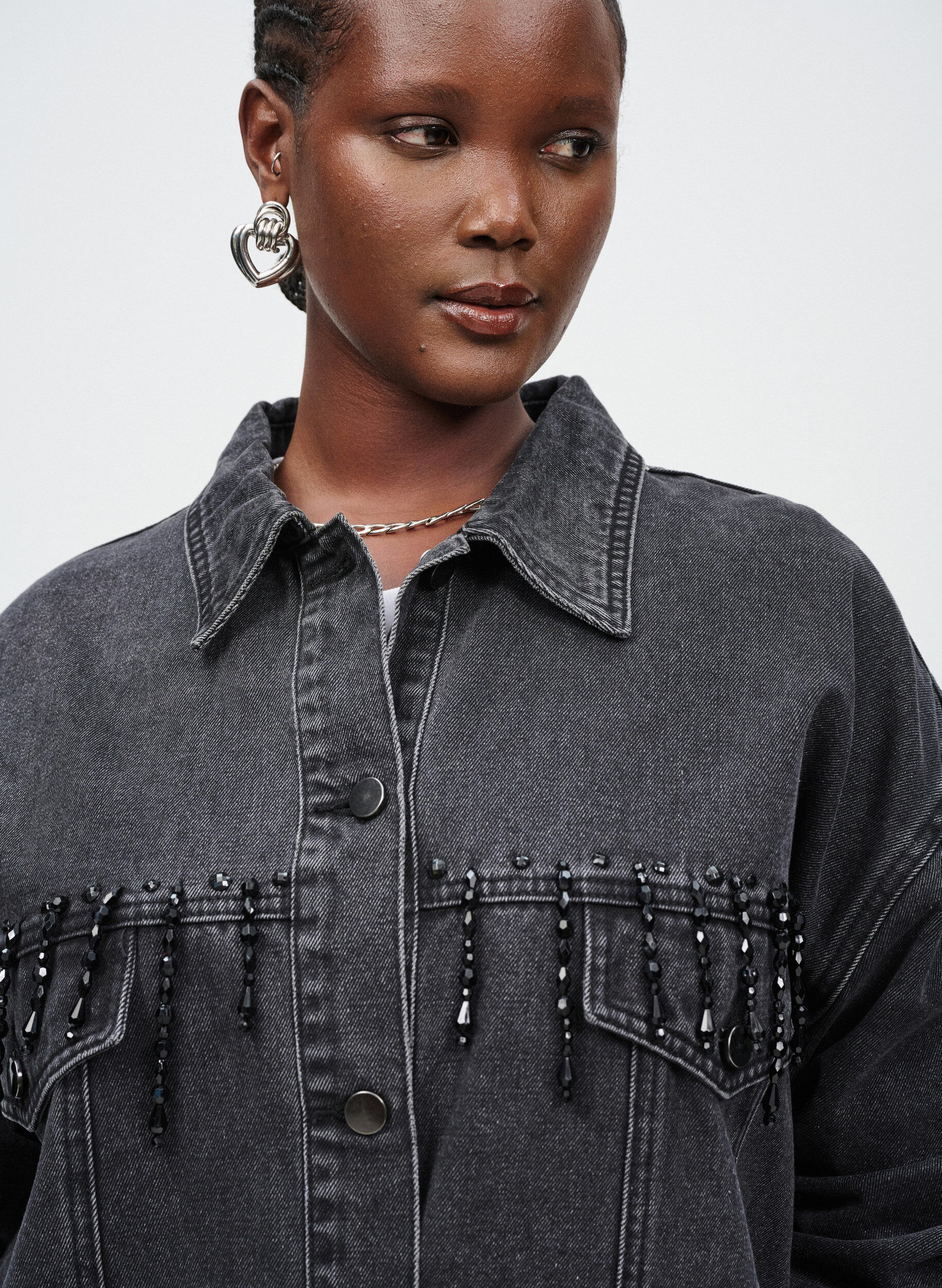 ZizziSpijkerjack met parelfranjes, Grijs, Image image number 0