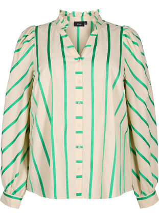 Katoenen overhemdblouse met strepen en kraag met ruches, Beige Green Stripe, Packshot image number 0
