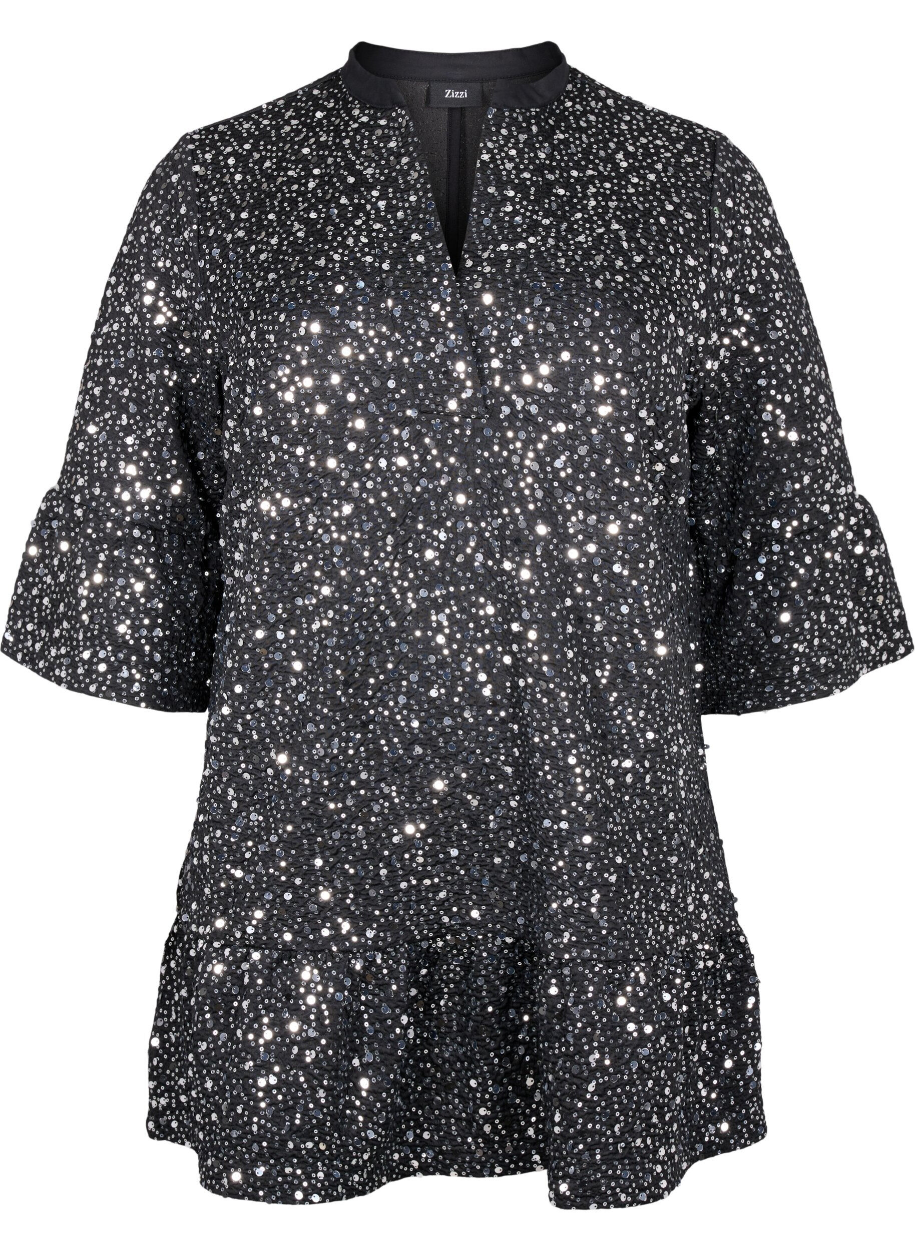 ZizziPaillettenjurk met V-hals en 3/4 mouwen, Black w. Sequins, Packshot image number 0