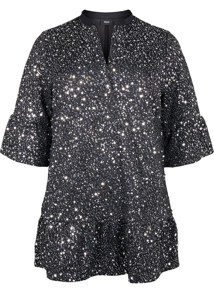 Paillettenjurk met V-hals en 3/4 mouwen, Black w. Sequins, Packshot image number 0