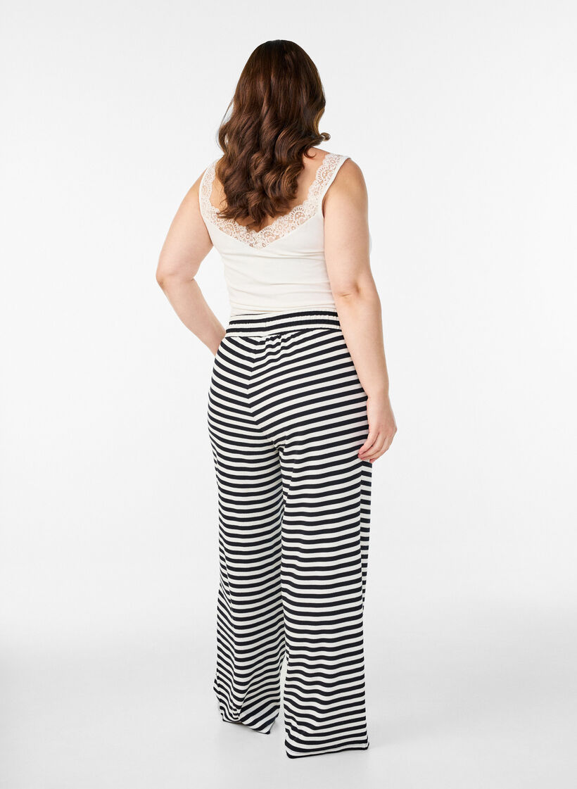 Pantalon de pyjama ray&eacute; &agrave; taille haute et coupe ample, Noir, Model image number 1