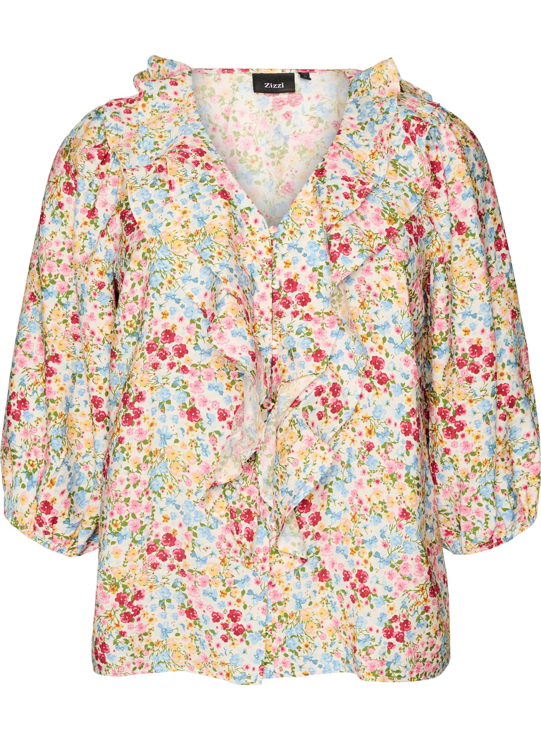 ZizziViscose blouse met bloemenprint en 3/4 mouwen, Blauw, Packshot image number 0