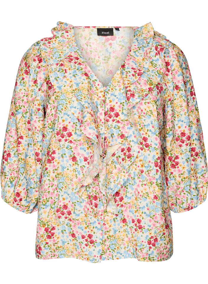Viscose blouse met bloemenprint en 3/4 mouwen, Blauw, Packshot image number 0