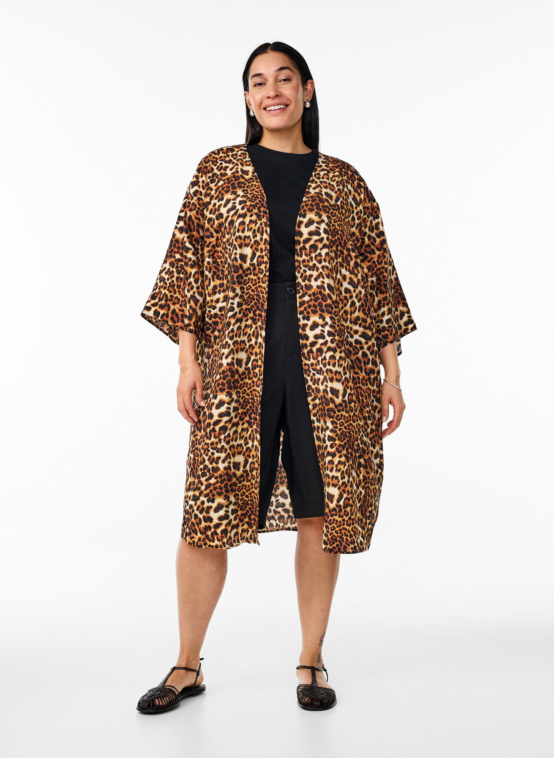 ZizziKimono van viscose met 3/4 mouwen, Bruin, Model image number 1