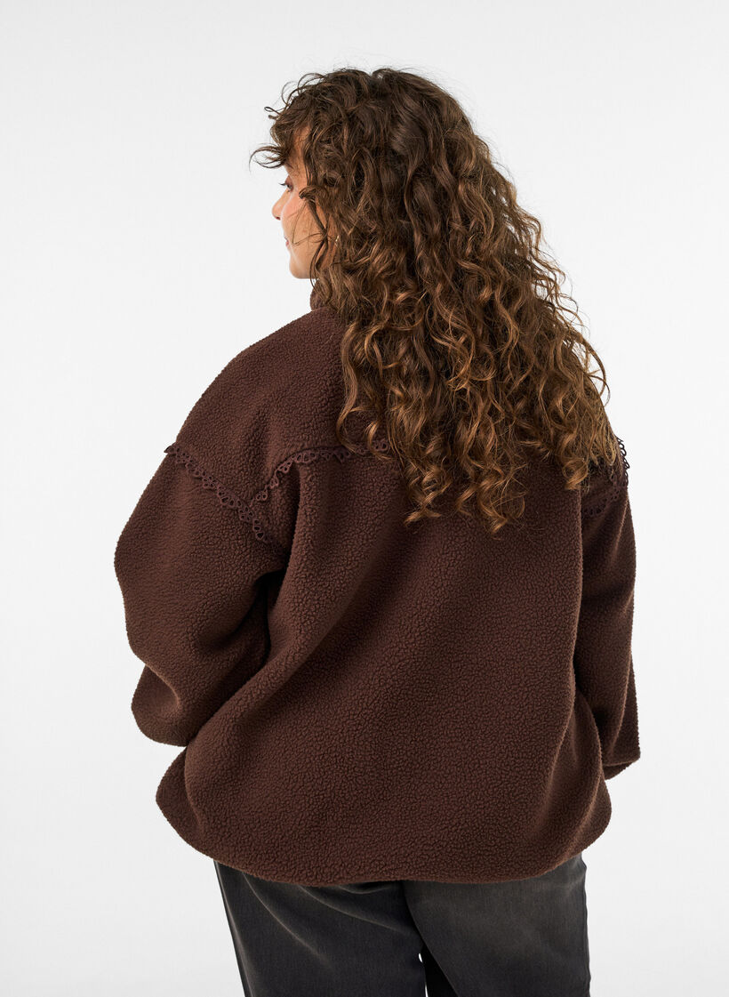 Veste teddy avec finitions en broderie anglaise et col montant, Marron, Model image number 2