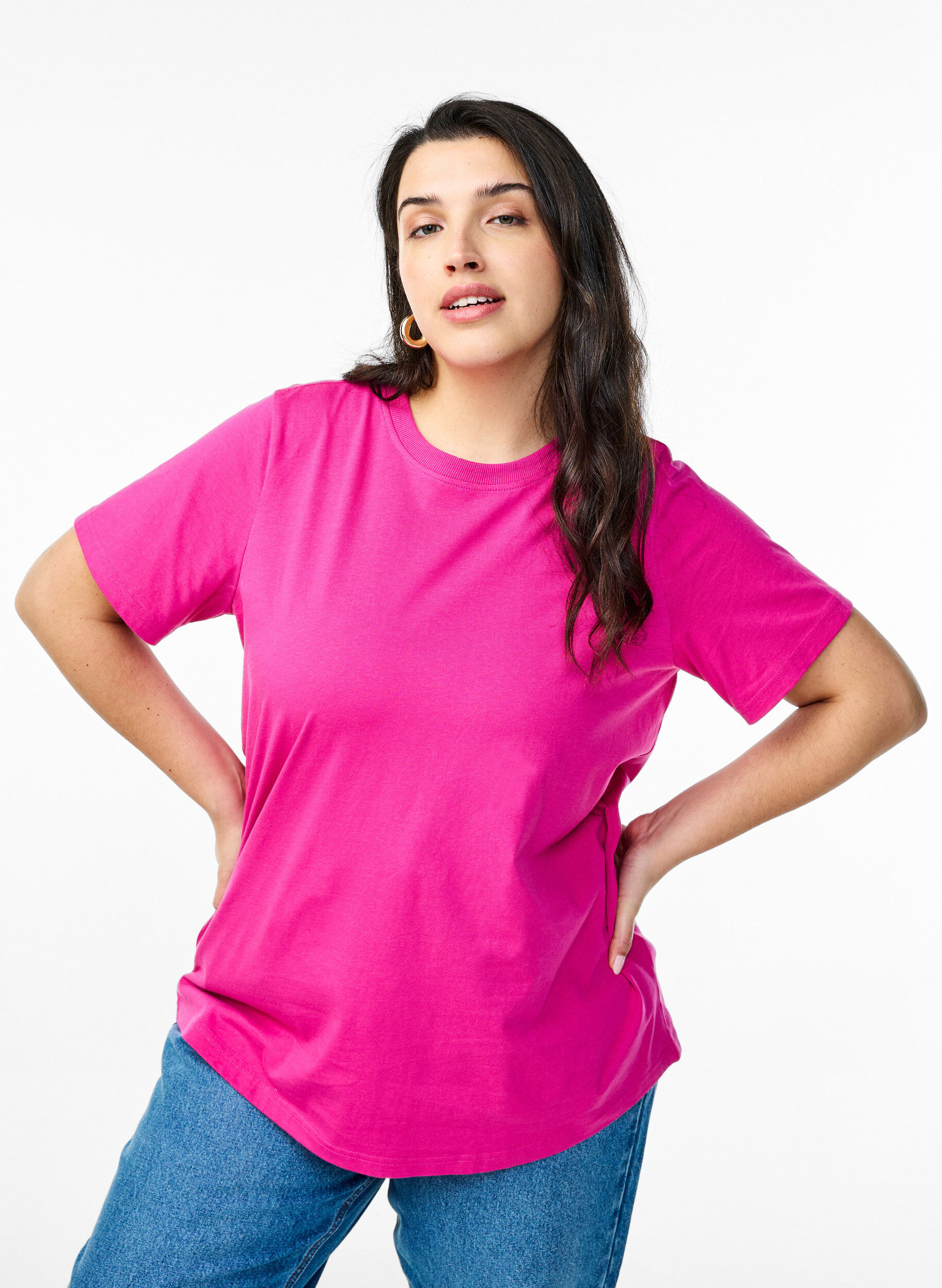 Basic katoenen T-shirt met ronde hals, Roze, Model