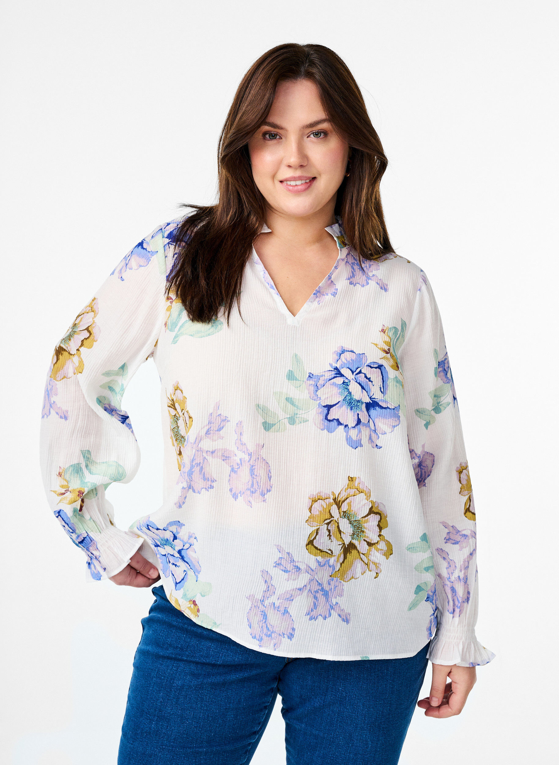 Pliss&eacute; blouse met lange mouwen en bloemenprint, Wit, Model