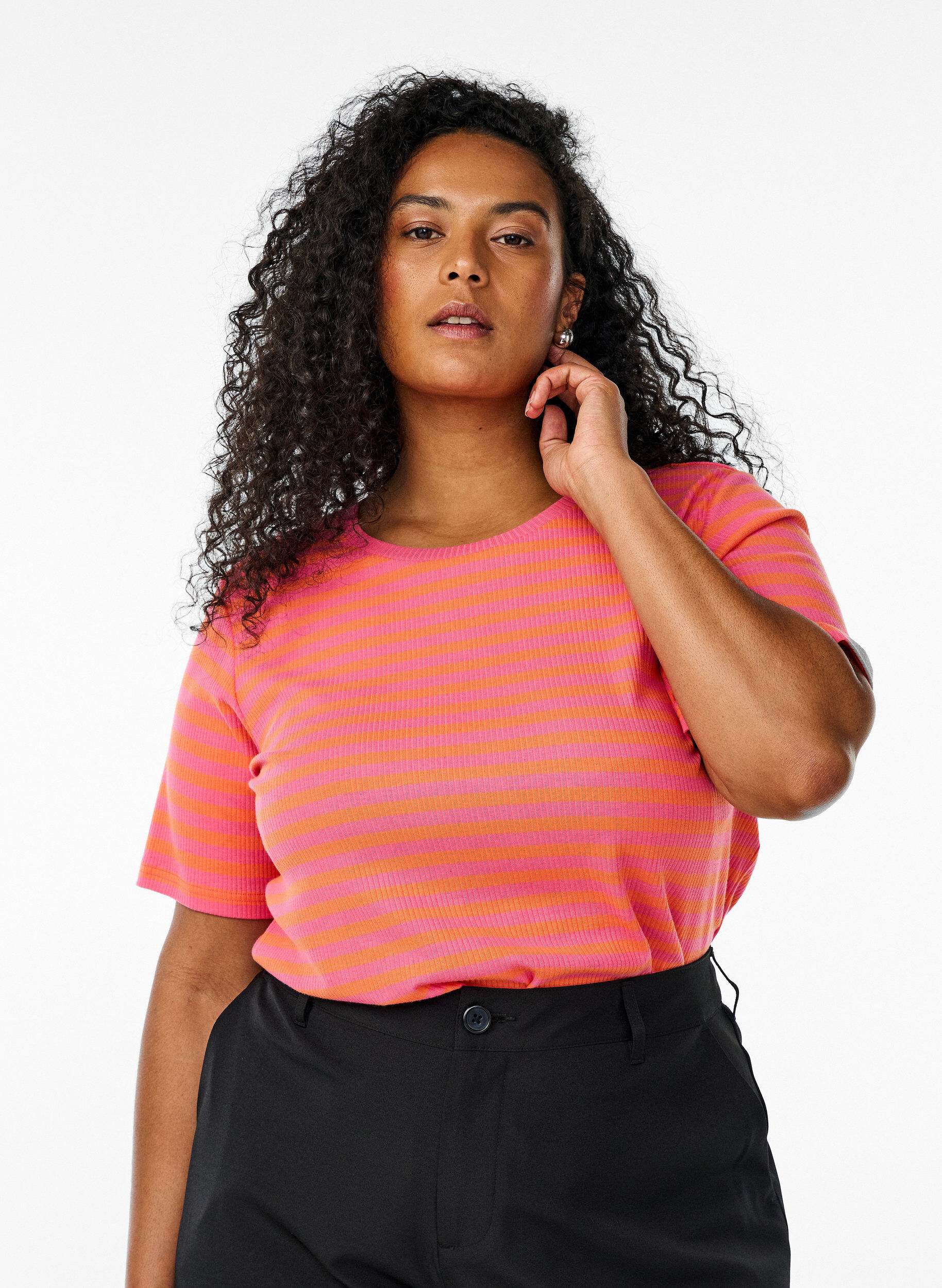 ZizziGestreept T-shirt met geribbelde textuur, Oranje, Model image number 0