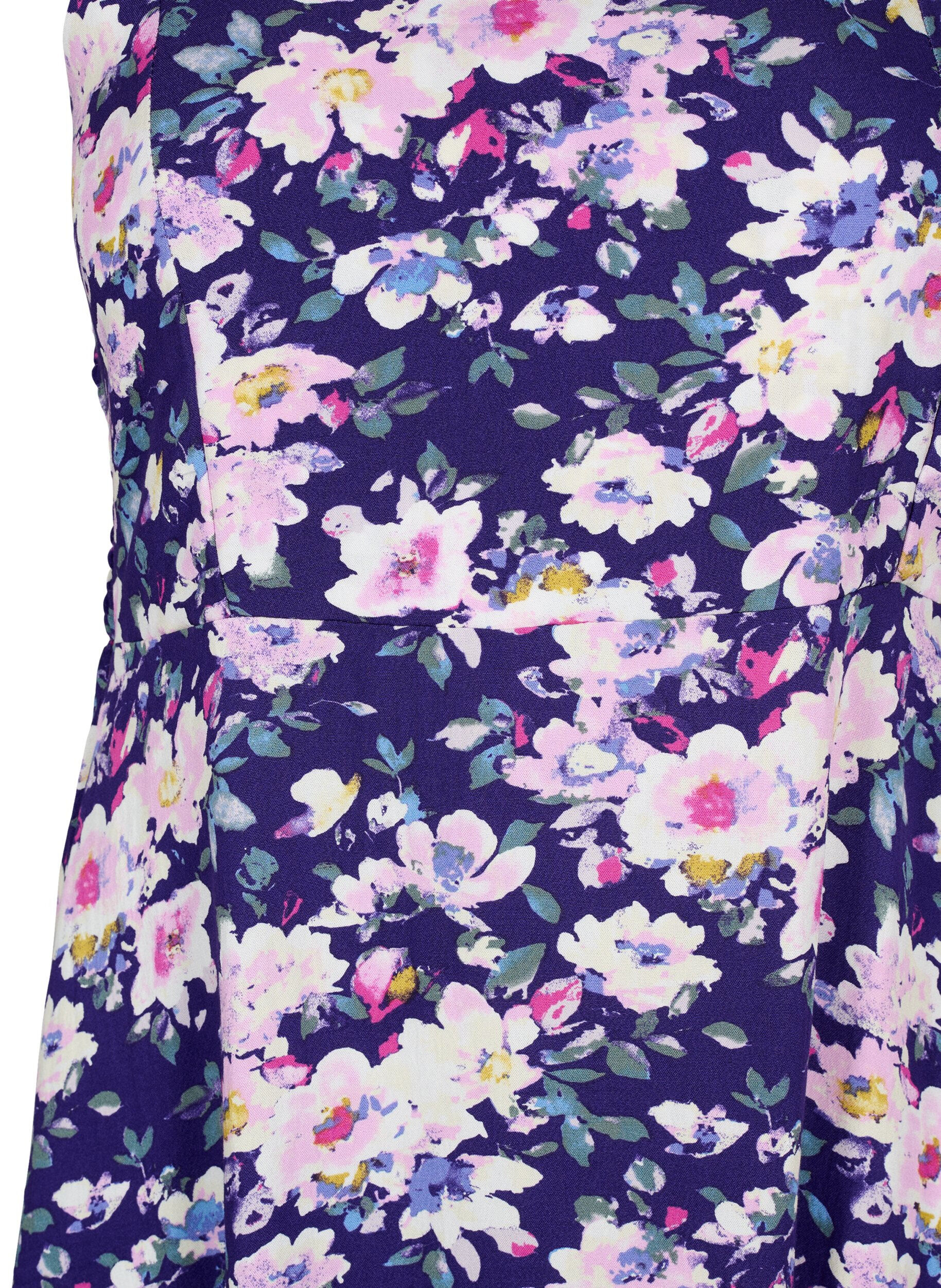 Zizzi Robe &agrave; bretelles en viscose florale avec smocking, Blue Flower, Packshot image number 2
